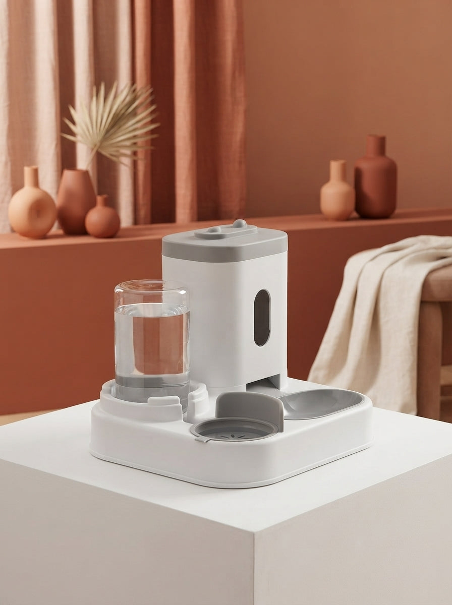 Automatic pet food and water dispenser on a clean surface with terracotta-colored decor in a bright modern home setting.